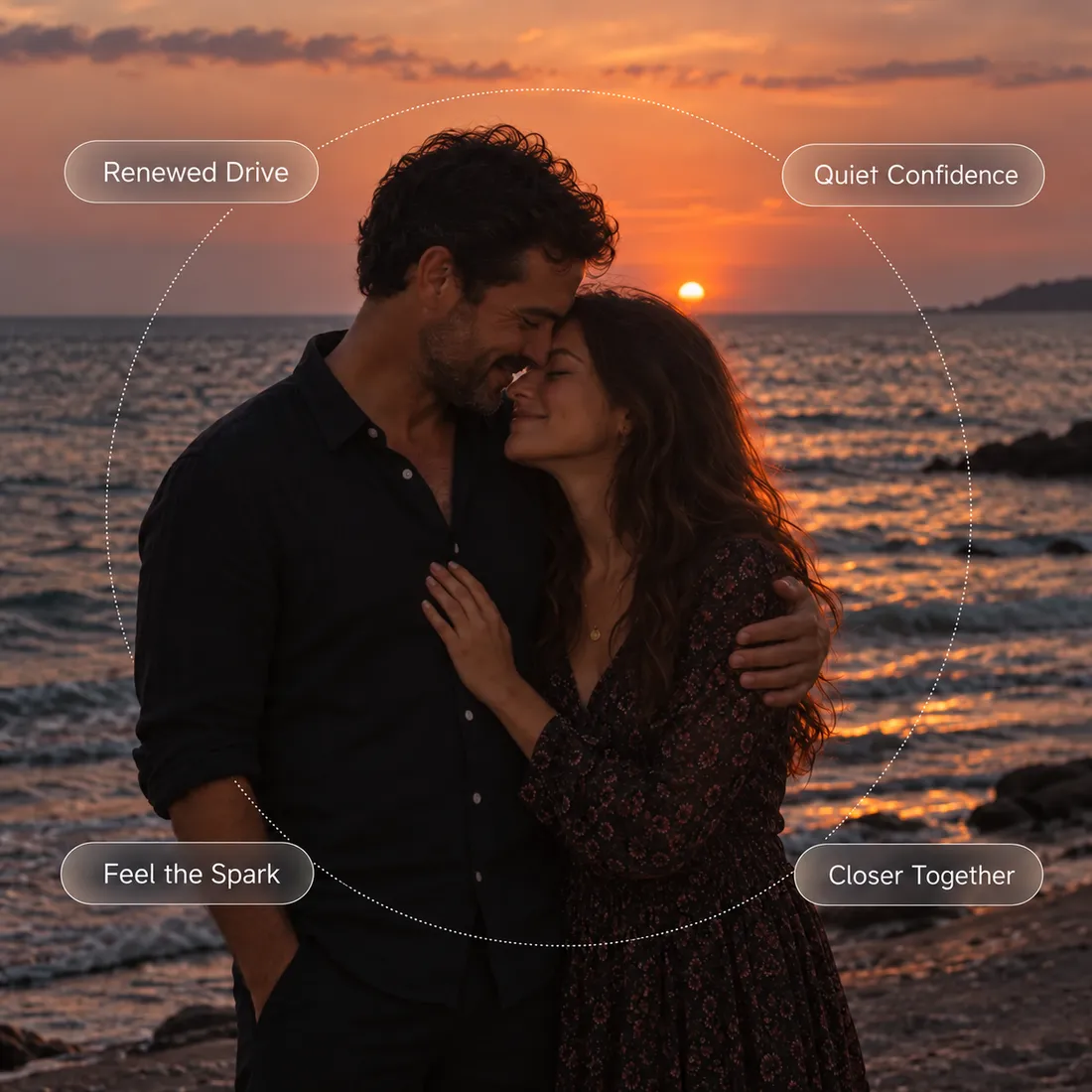 Couple embracing by the sea at sunset