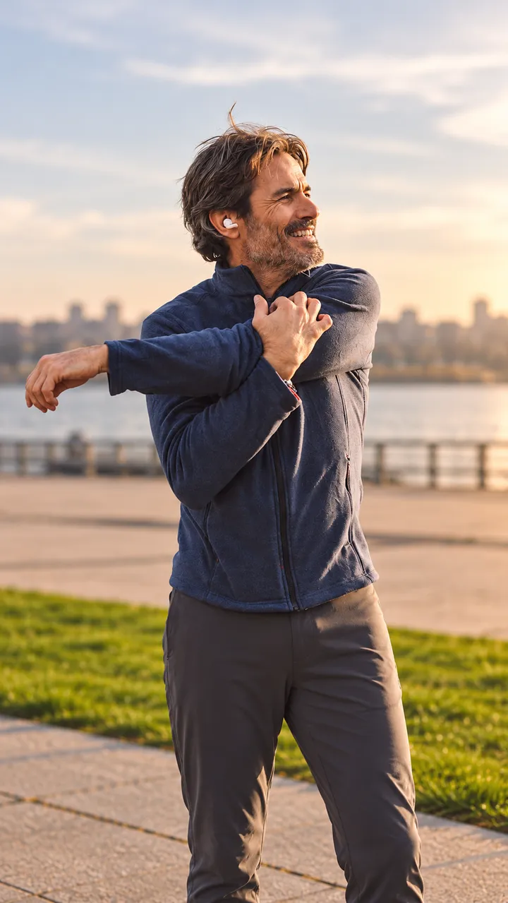 Man stretching by the waterfront at sunset